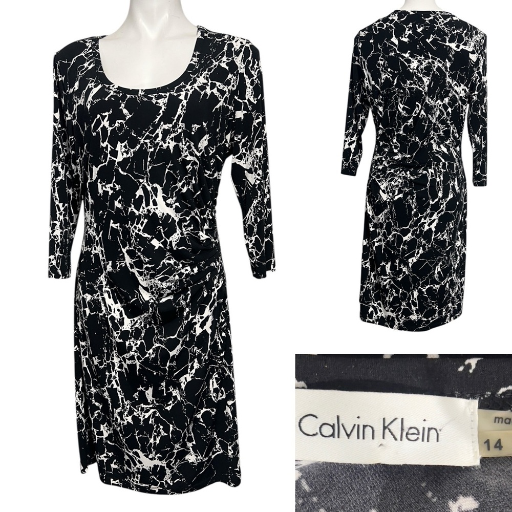 Calvin‎ Klein dress sz 14 black/white Marble Print Long Sleeve knee length